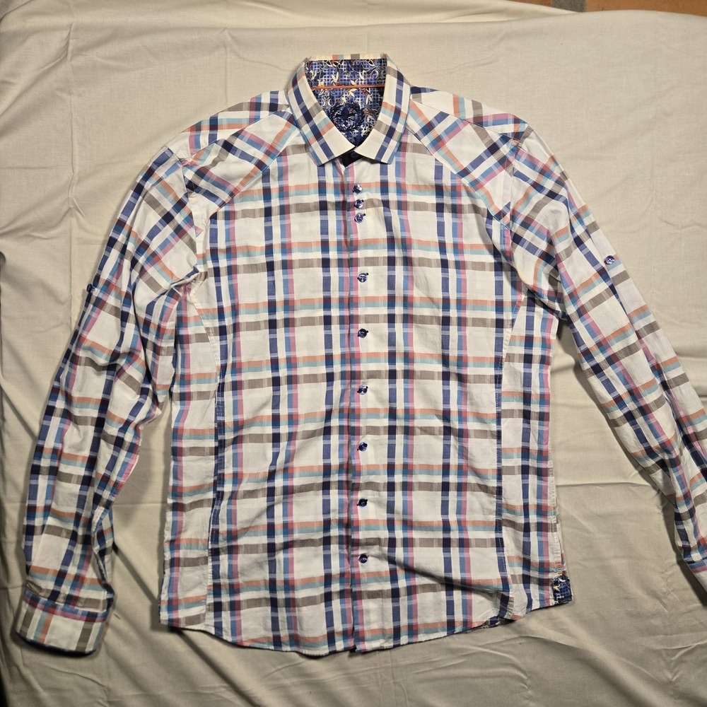 Au Noir Button Up Shirt Mens Sz L 4 White Blue Pink Plaid Long Sleeve Stretch